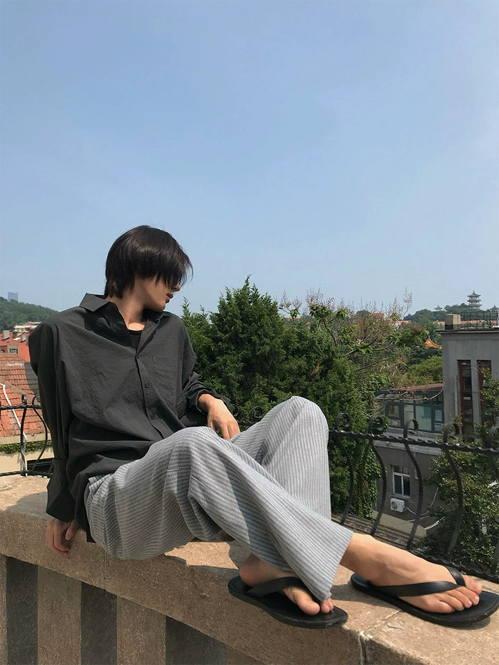 Striped Elastic Waist Drawstring Casual Pants