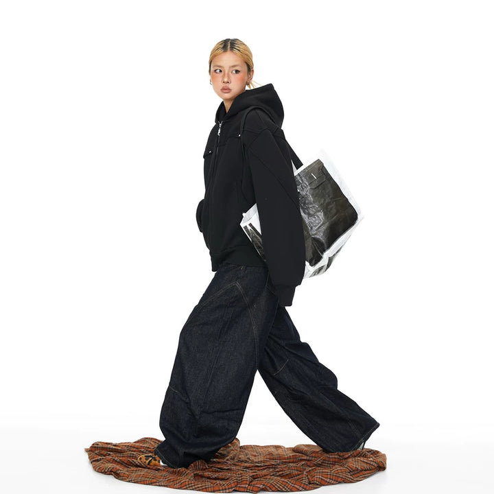 Studded Patchwork Hooded Zip Cardigan