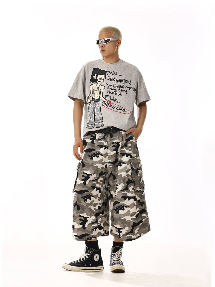 Camouflage Cargo Wide-Leg Cropped Pants