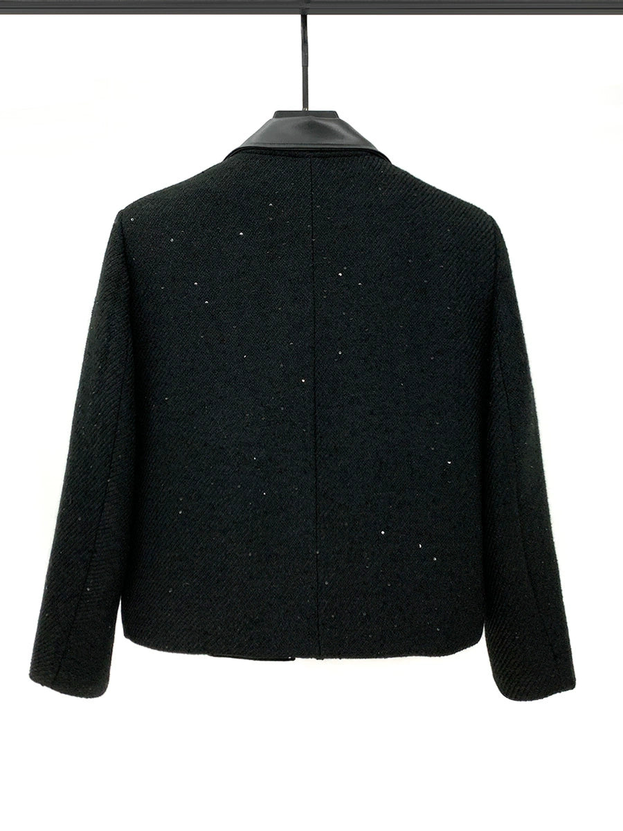 Sequin Decoration Leather Collar Jacket