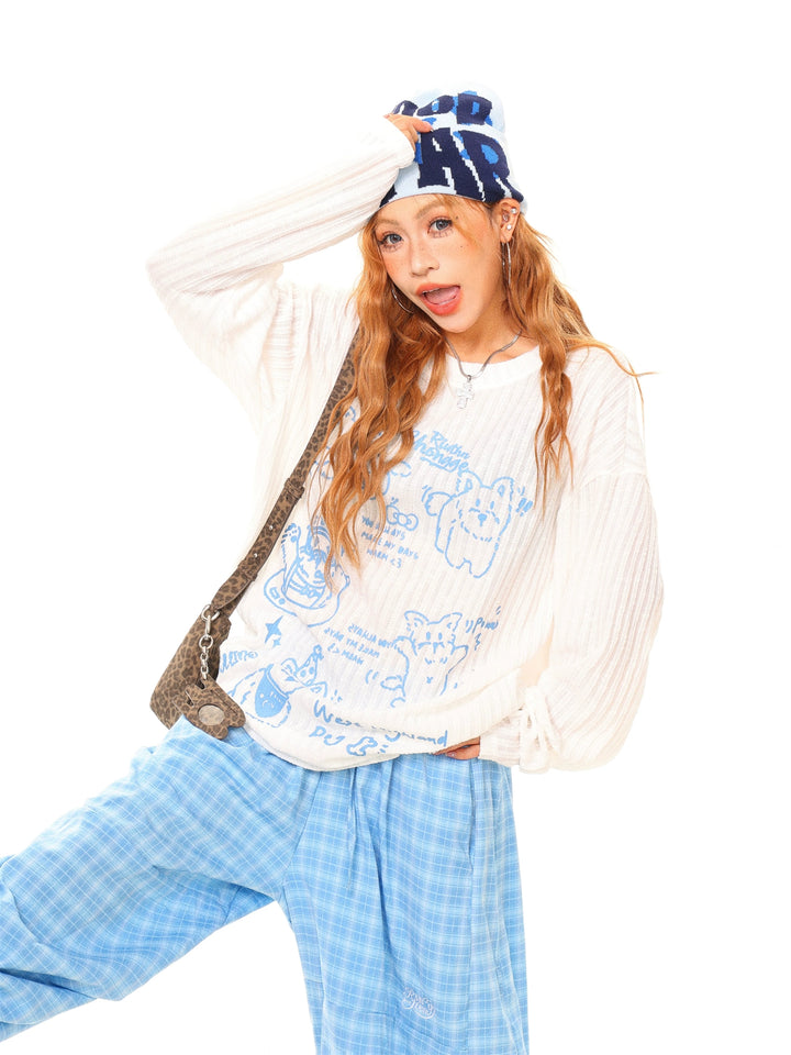 Cartoon Print Loose Long Sleeve Pullover