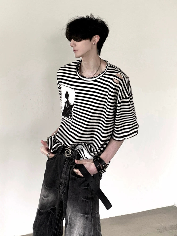 Striped Punk Ripped Portrait Patch T-shirt