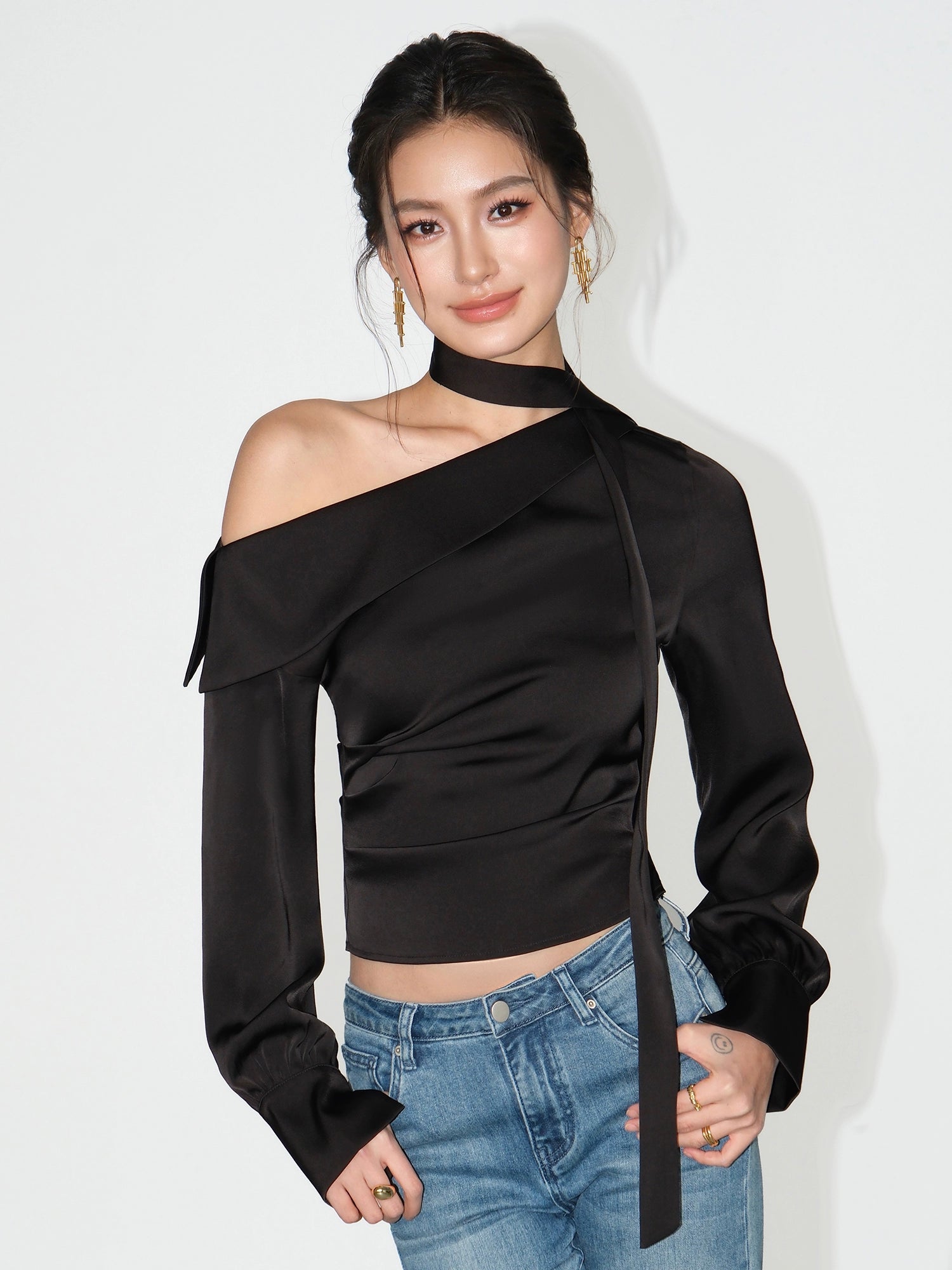 Satin Off-Shoulder Long Sleeve Blouse
