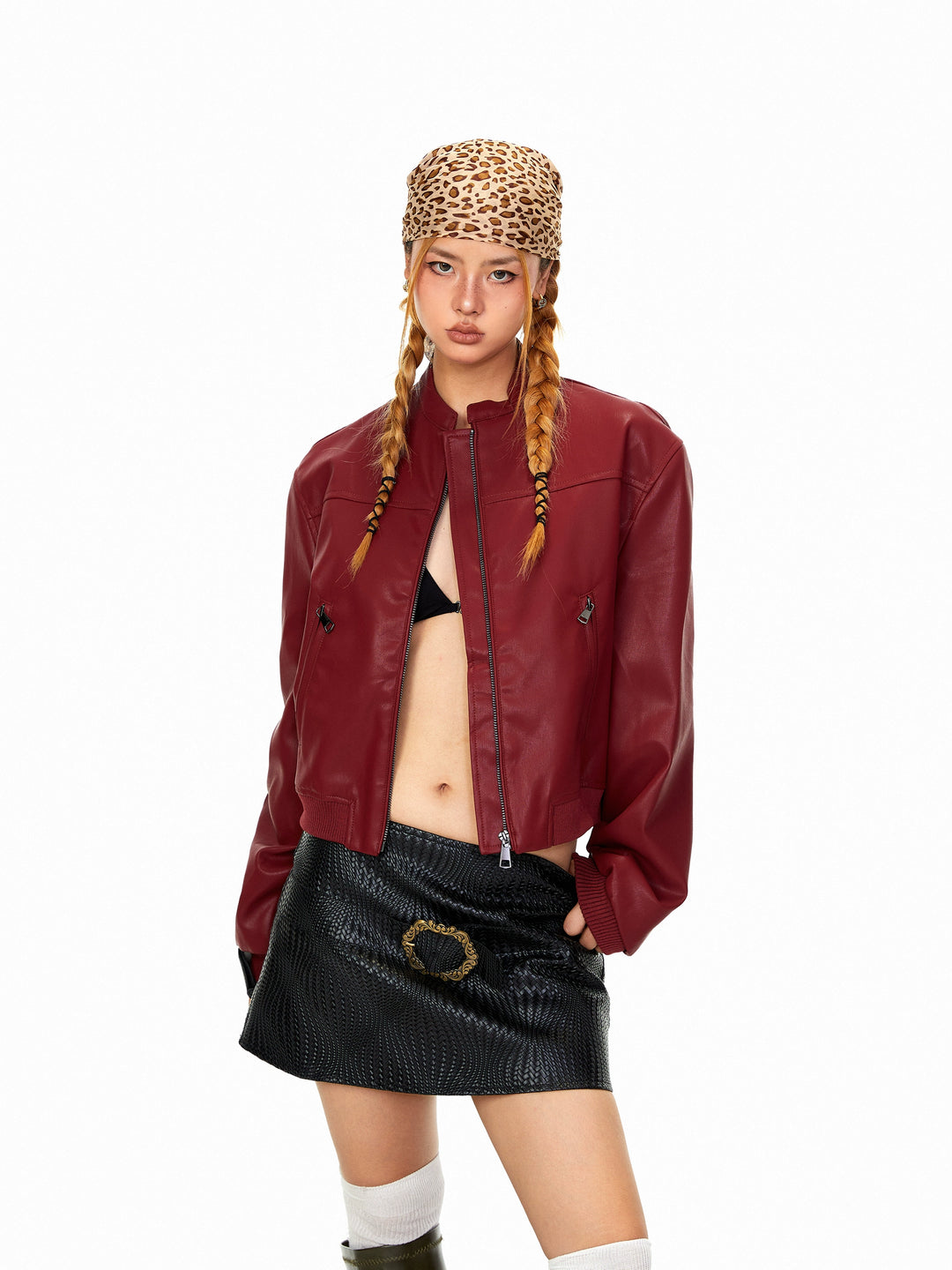 Stand Collar Leather Short Jacket