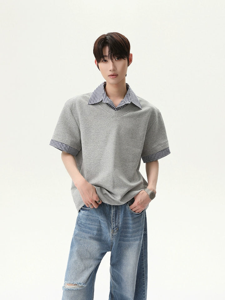 Plaid Collar Short Sleeve Pullover