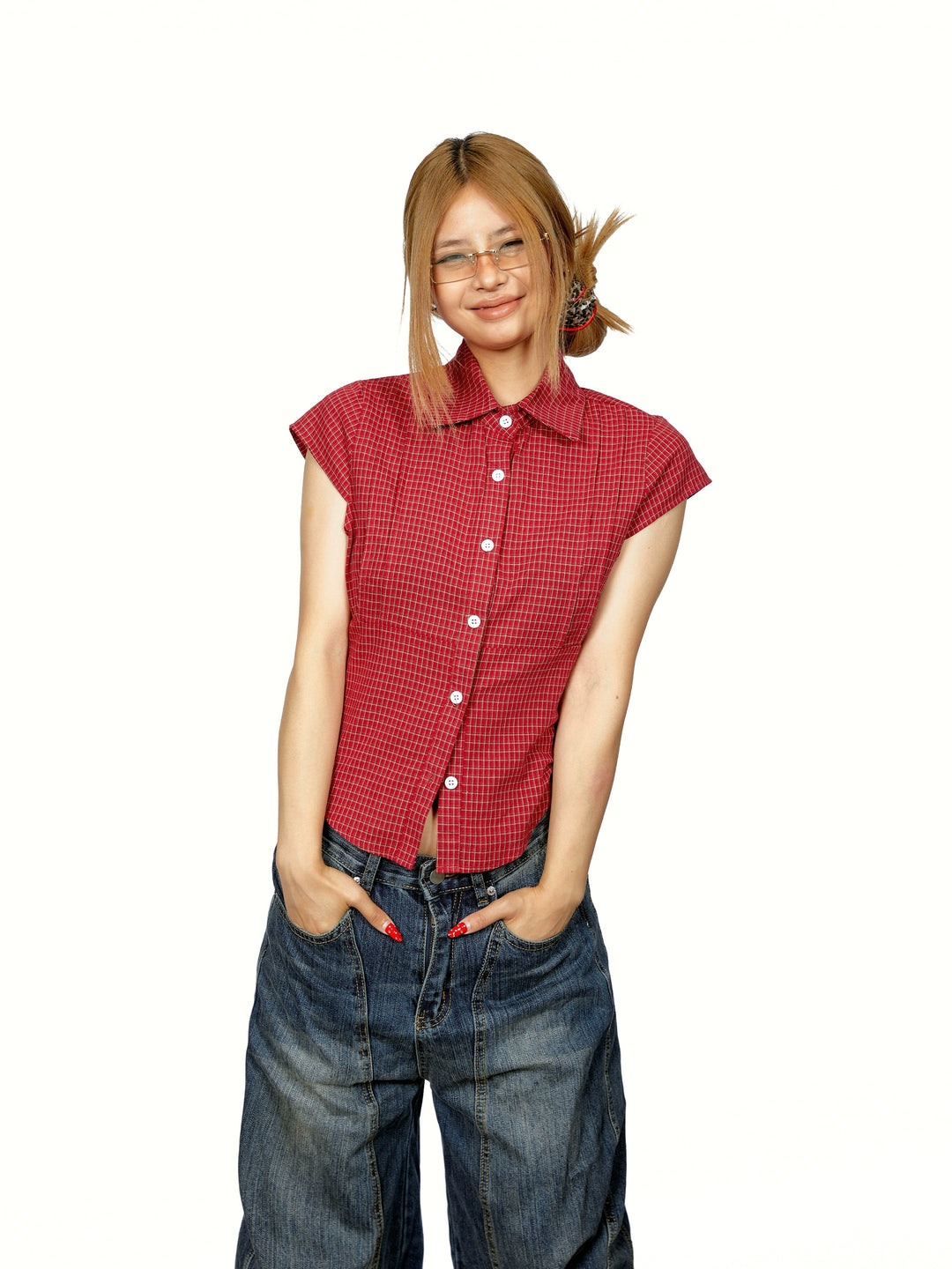 Chemise à manches courtes en carreaux avec boutons, crop 