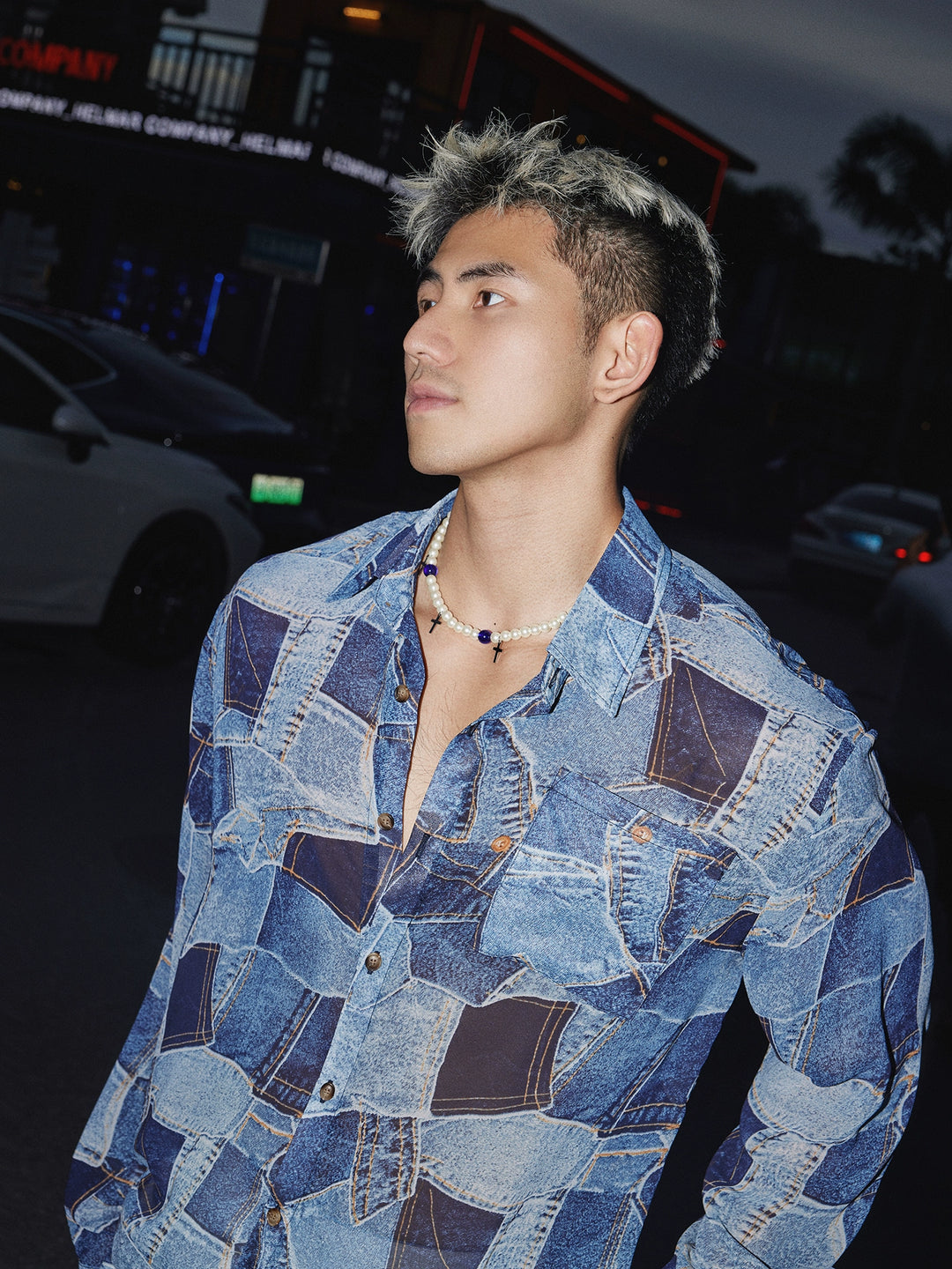 Denim Patchwork Gauze Loose Long-Sleeve Shirt