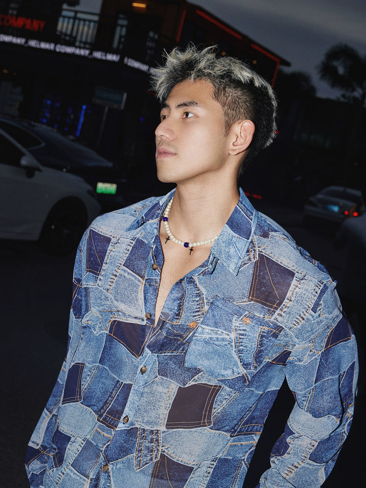 Denim Patchwork Gauze Loose Long-Sleeve Shirt
