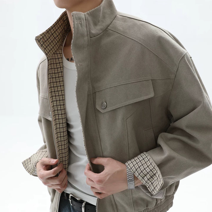 Linen Plaid Patchwork Short Collar Jacket