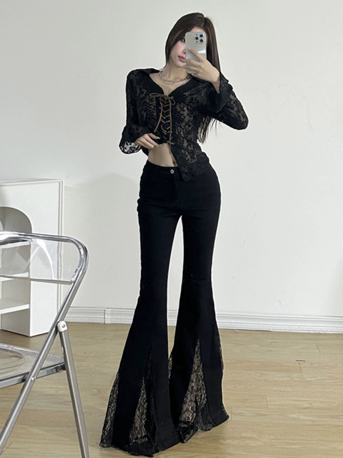 Lace Splicing Flared High Waist Pants