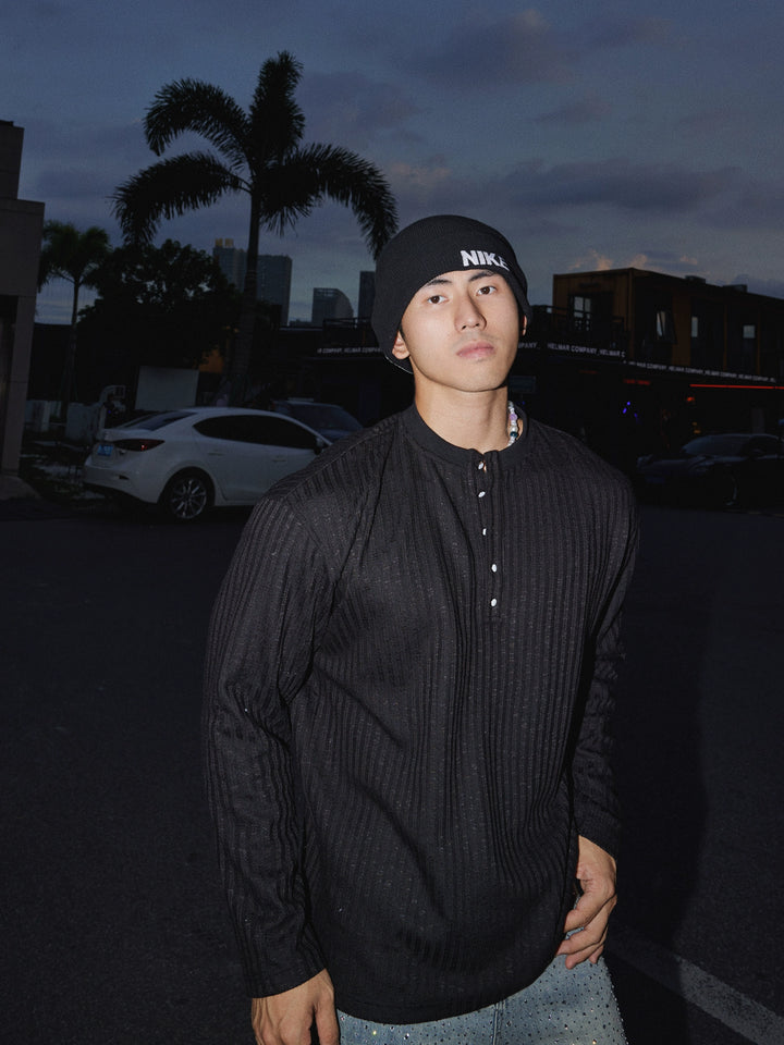 Pulôver de Manga Longa com Gola Henley Texturizada 