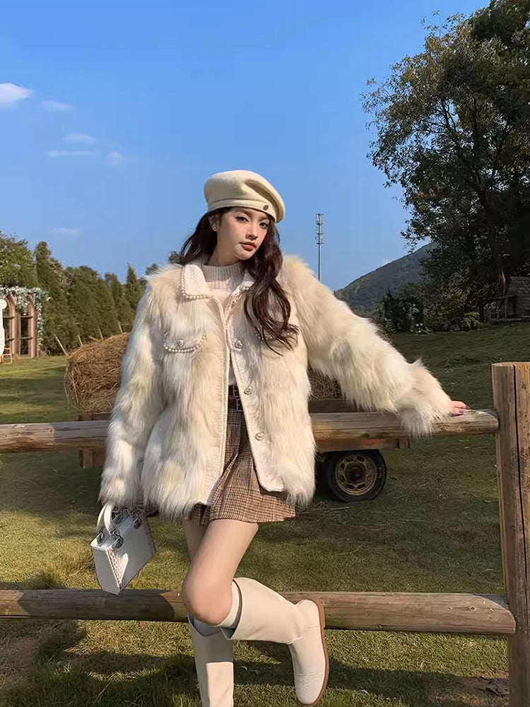 Faux Fur Short Coat with Pearls