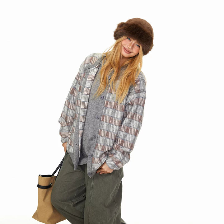 Plaid Faux Two-Piece Knit Cardigan