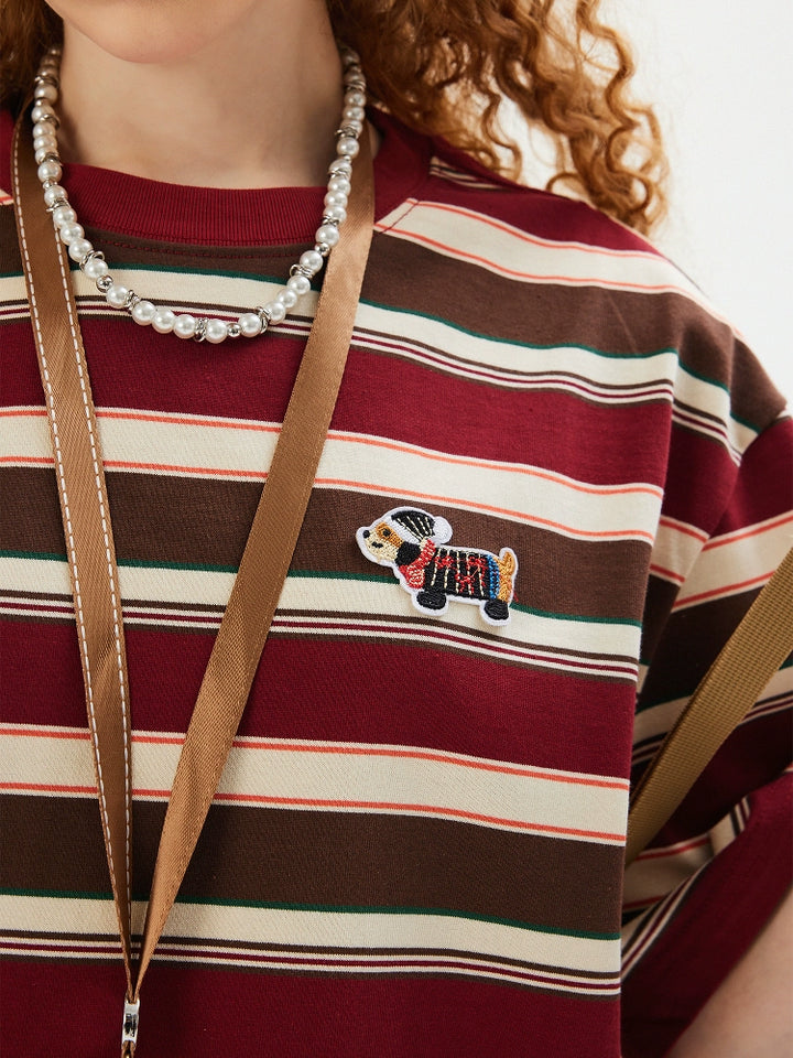 Striped Embroidered Sausage Dog Tee
