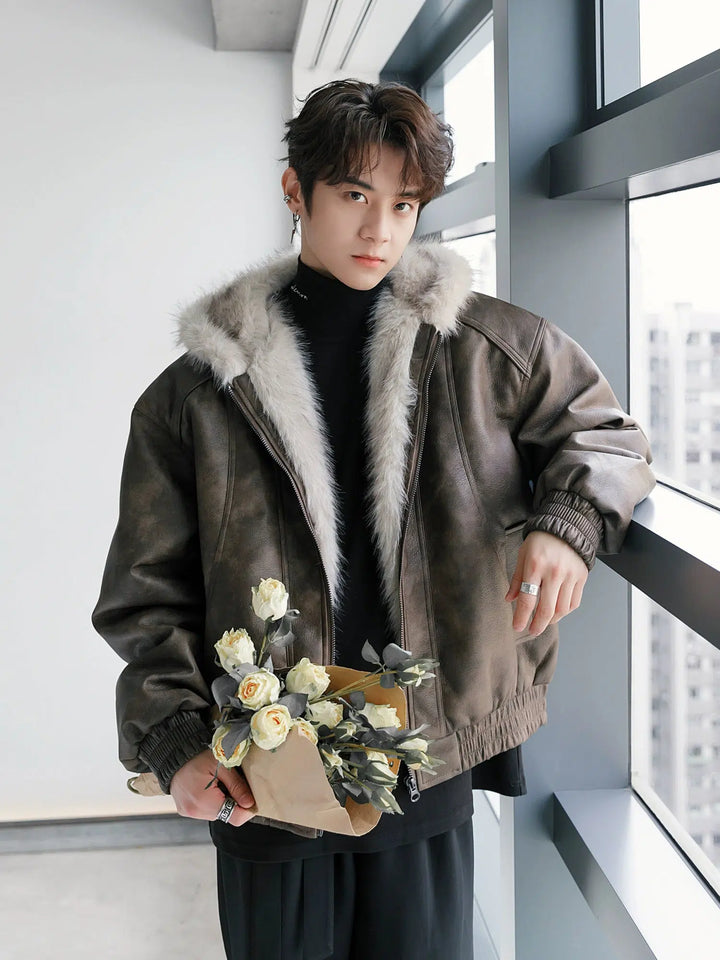 Imitation Mink Hooded Leather Jacket