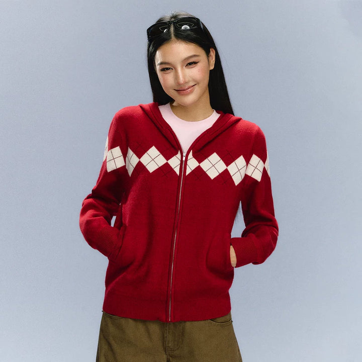 Argyle Zip Up Knit Hooded Sweater