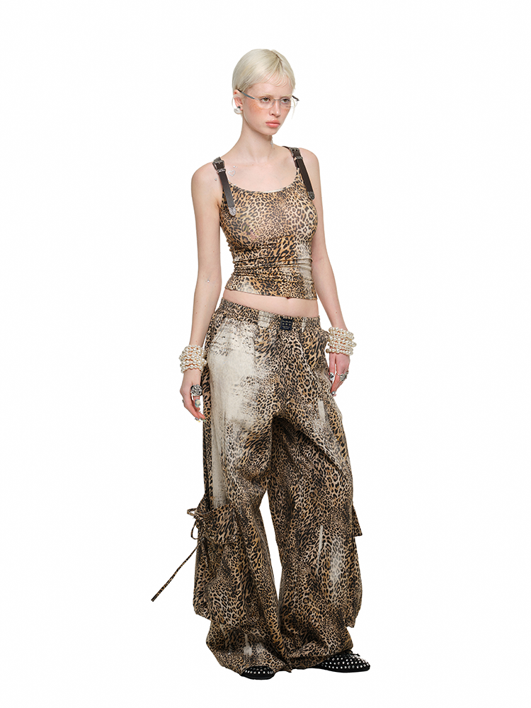 Leopard Print Wide-Leg Cargo Pants