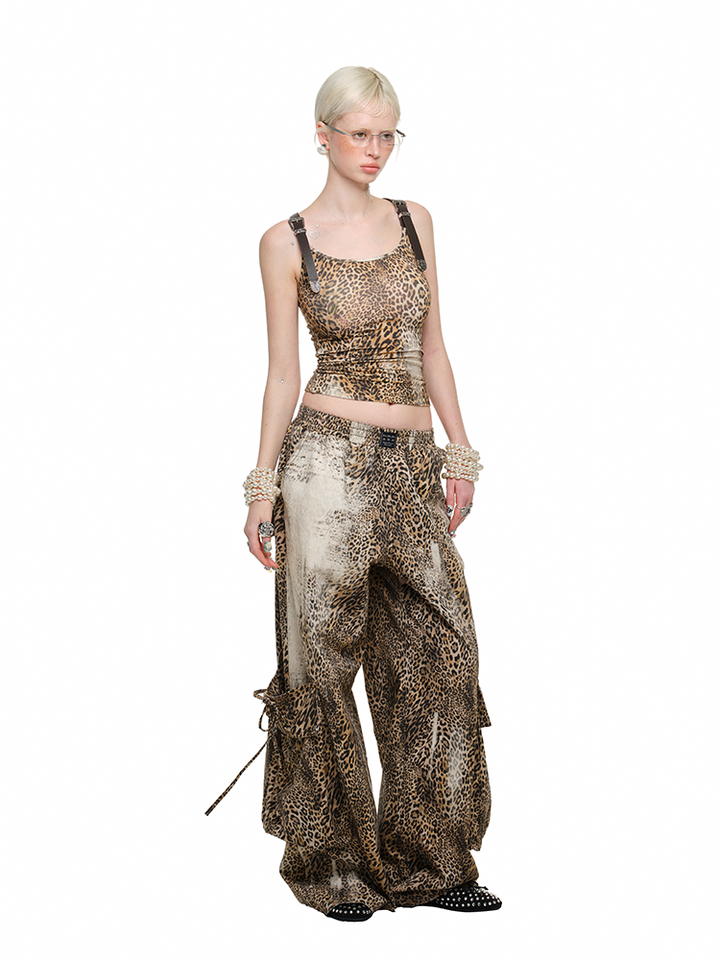Leopard Print Wide-Leg Cargo Pants