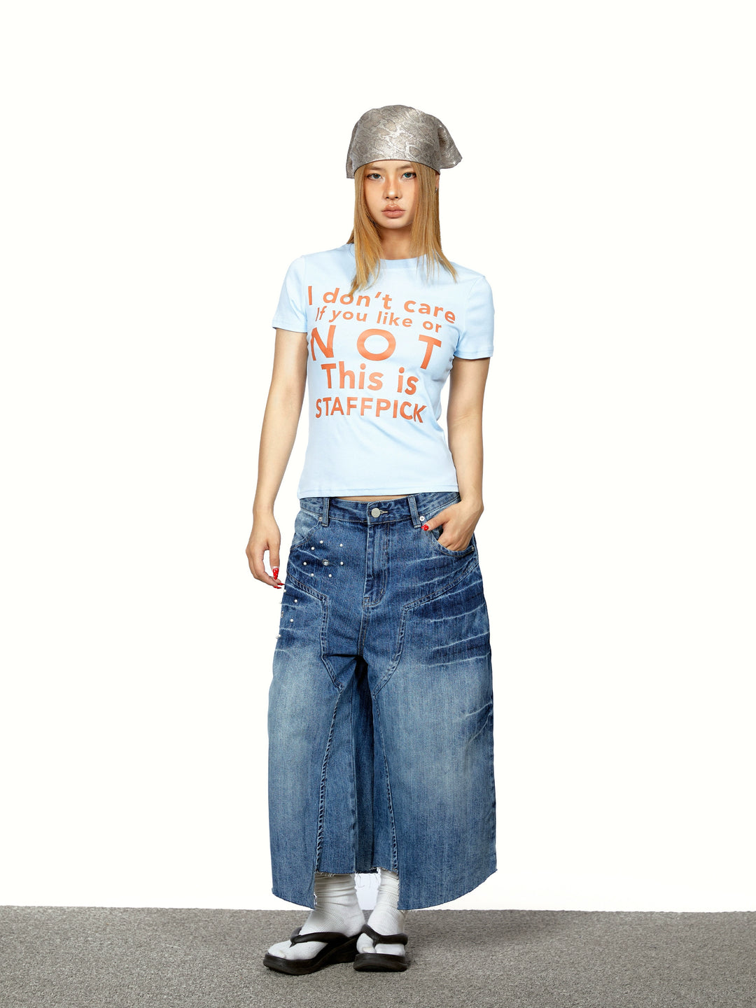 Irregular Beaded Denim Cropped Wide Pants