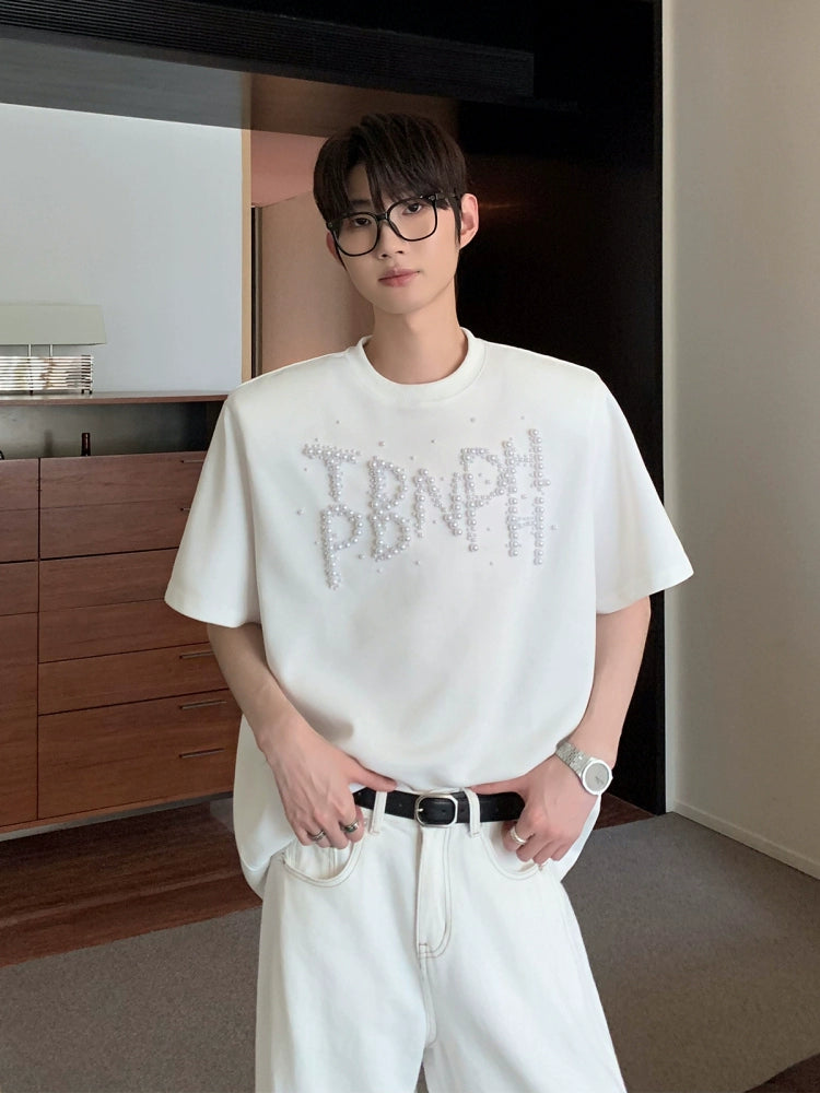 بلوزة قصيرة الأكمام برسالة لؤلؤة مزينة بالخيوط 