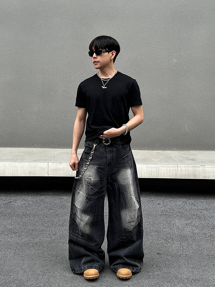 Wide-Leg Lightning Pattern Jeans