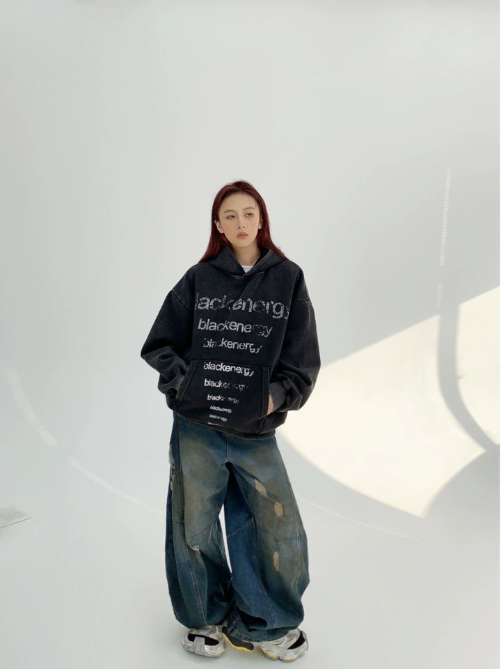 Retro tryckt lös passform huva sweatshirt 
