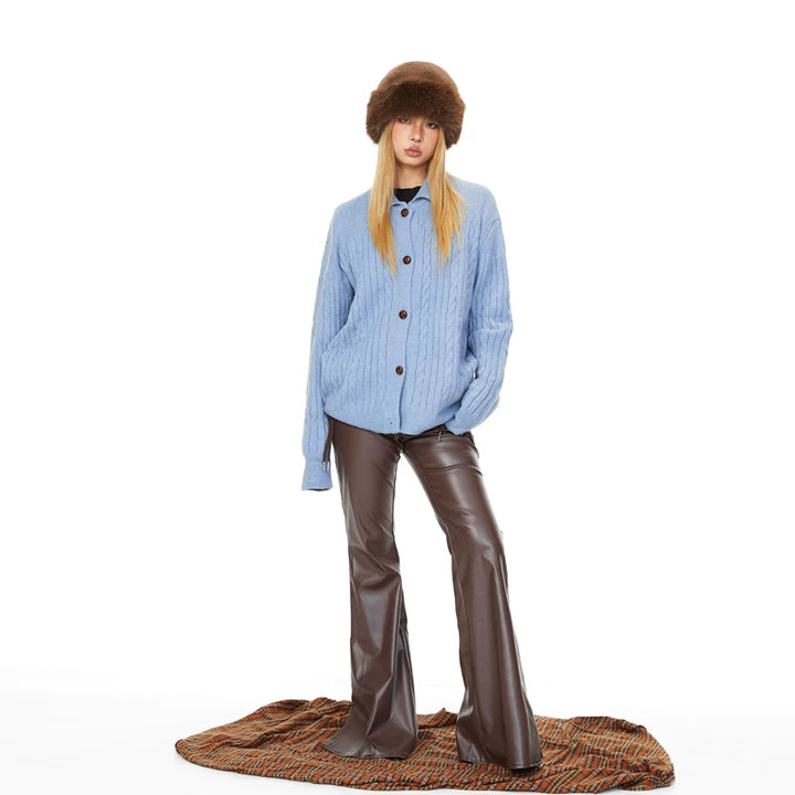 Cable Knit Button-Up Collar Cardigan