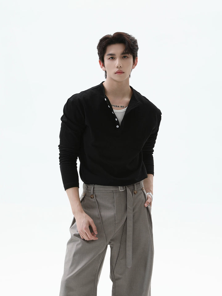 Henley-Kragen Langarm Slim Pullover 