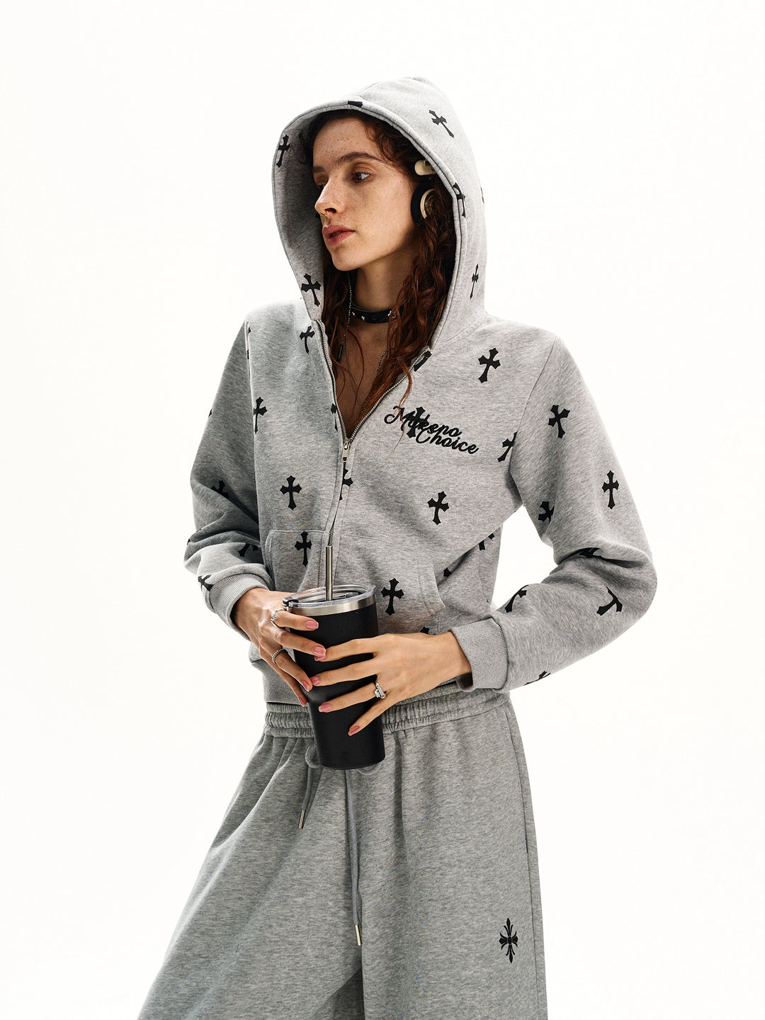 Gothic Cross Print Zip Hoodie