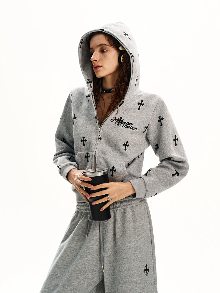 Gothic Cross Print Zip Hoodie