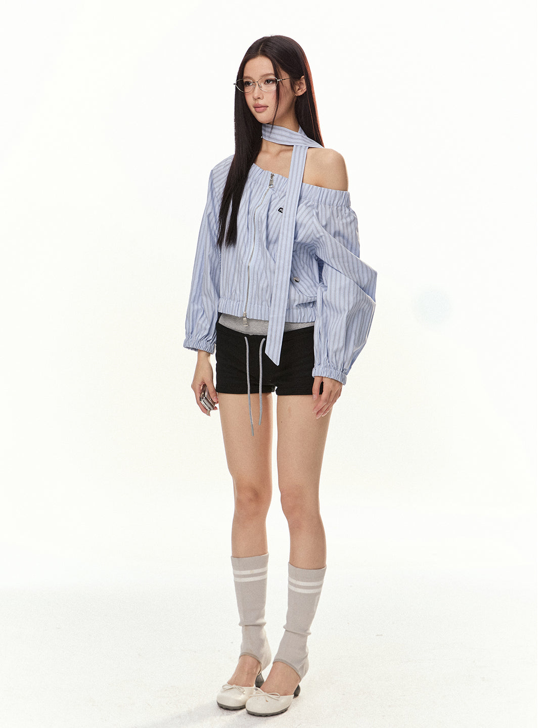Oblique Shoulder Striped Zip-Up Jacket
