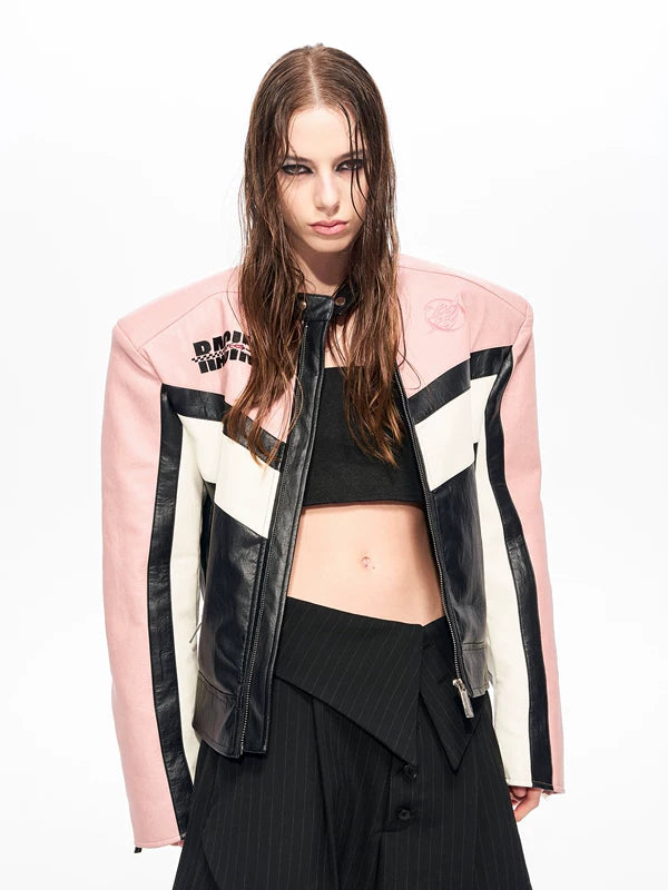 퀼팅 스탠드 칼라 모터사이클 가죽 재킷 