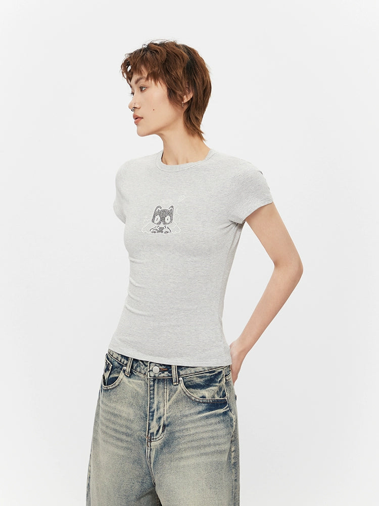 Gestreifter Slim Fit Katzen-Graphic Rollkragenpullover 