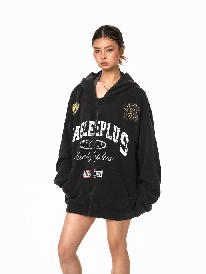 Retro Badge Print Hooded Cardigan