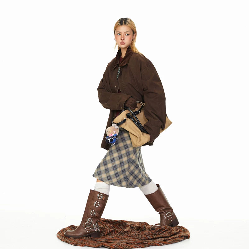 Plaid Collar Patchwork Work Jacket