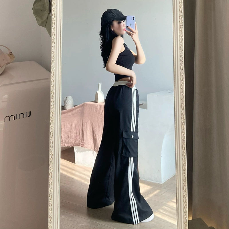 Striped Wide Leg Drawstring Cargo Pants
