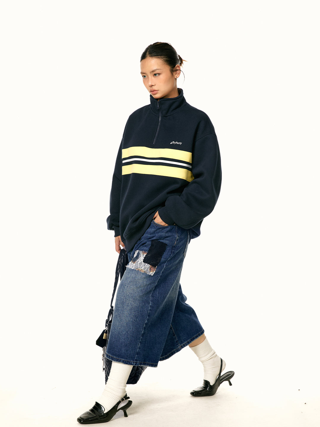 Stand-Up Collar Half-Zip Striped Sweatshirt
