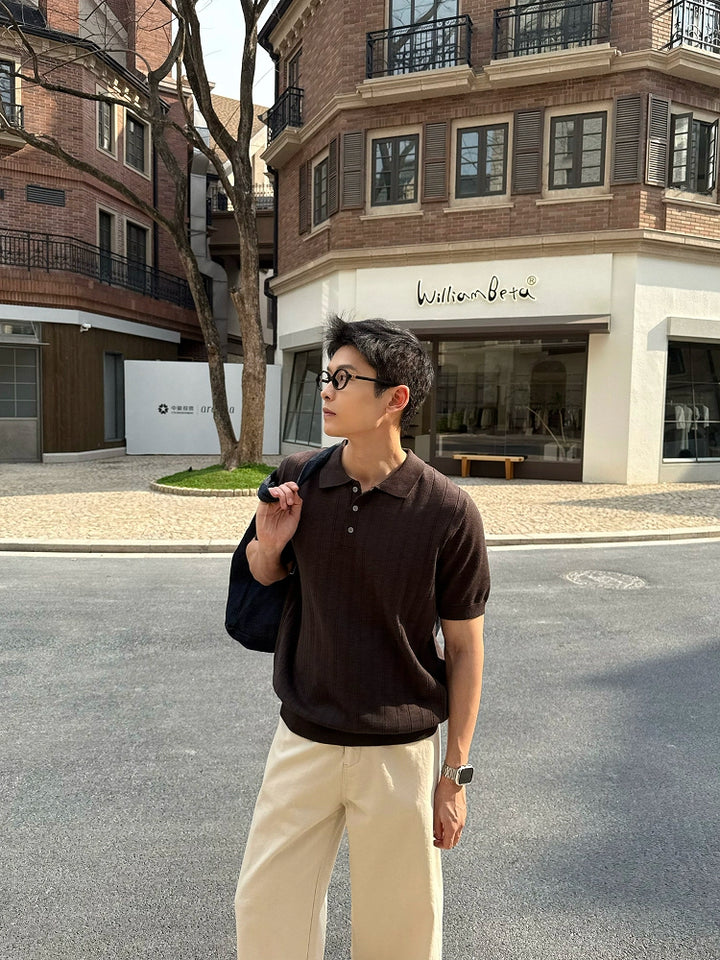 Henley Collar Knitted Short Sleeve Pullover