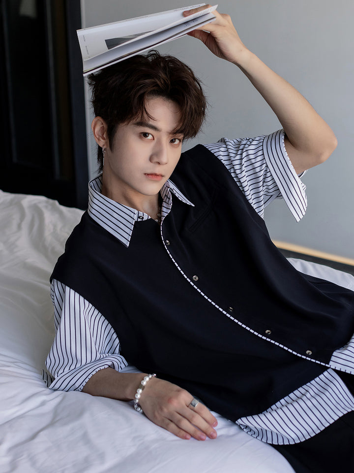 Loose-fit Striped Patchwork Shirt
