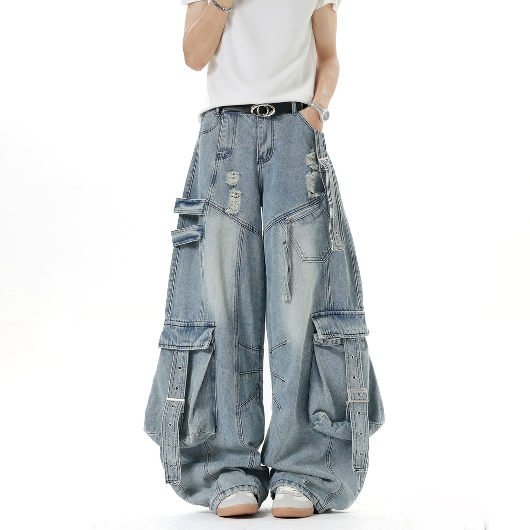 Spodnie dżinsowe cargo z szerokimi nogawkami i wieloma kieszeniami 