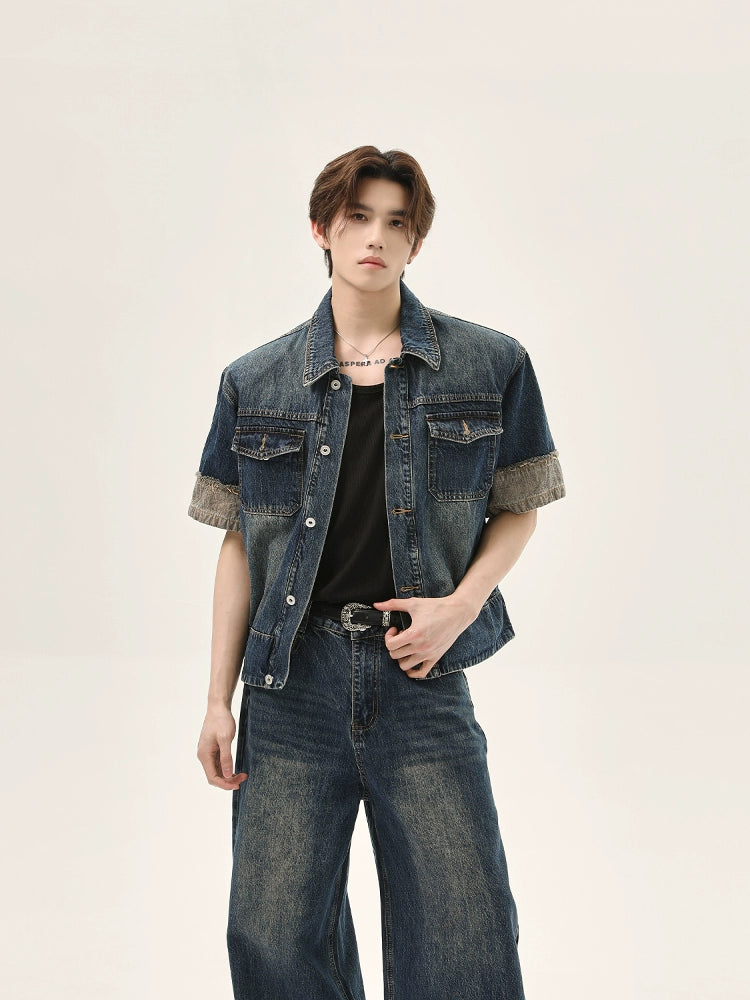 Set di pantaloni con giacca in denim a maniche corte retro 