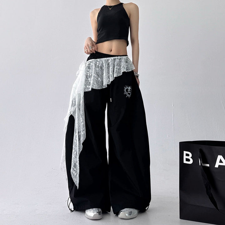 Lace Overlay Wide Leg Pants Skirt
