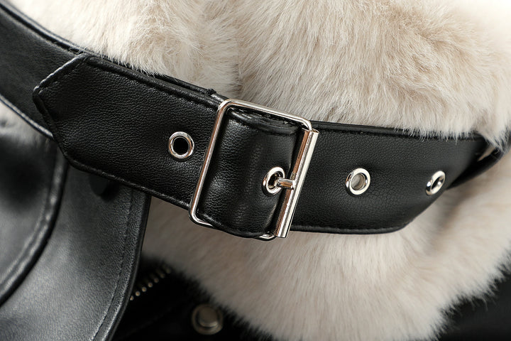 Faux Fur Collar Faux Leather Coat