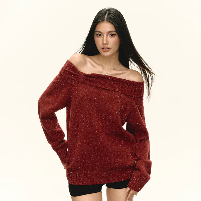 Off Shoulder Retro Knit Sweater
