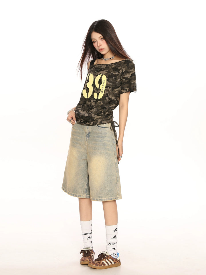 Oblique Shoulder Camouflage Top