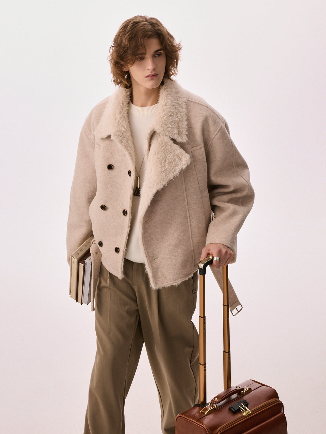 Wool Blend Double-Breasted Shearling Coat