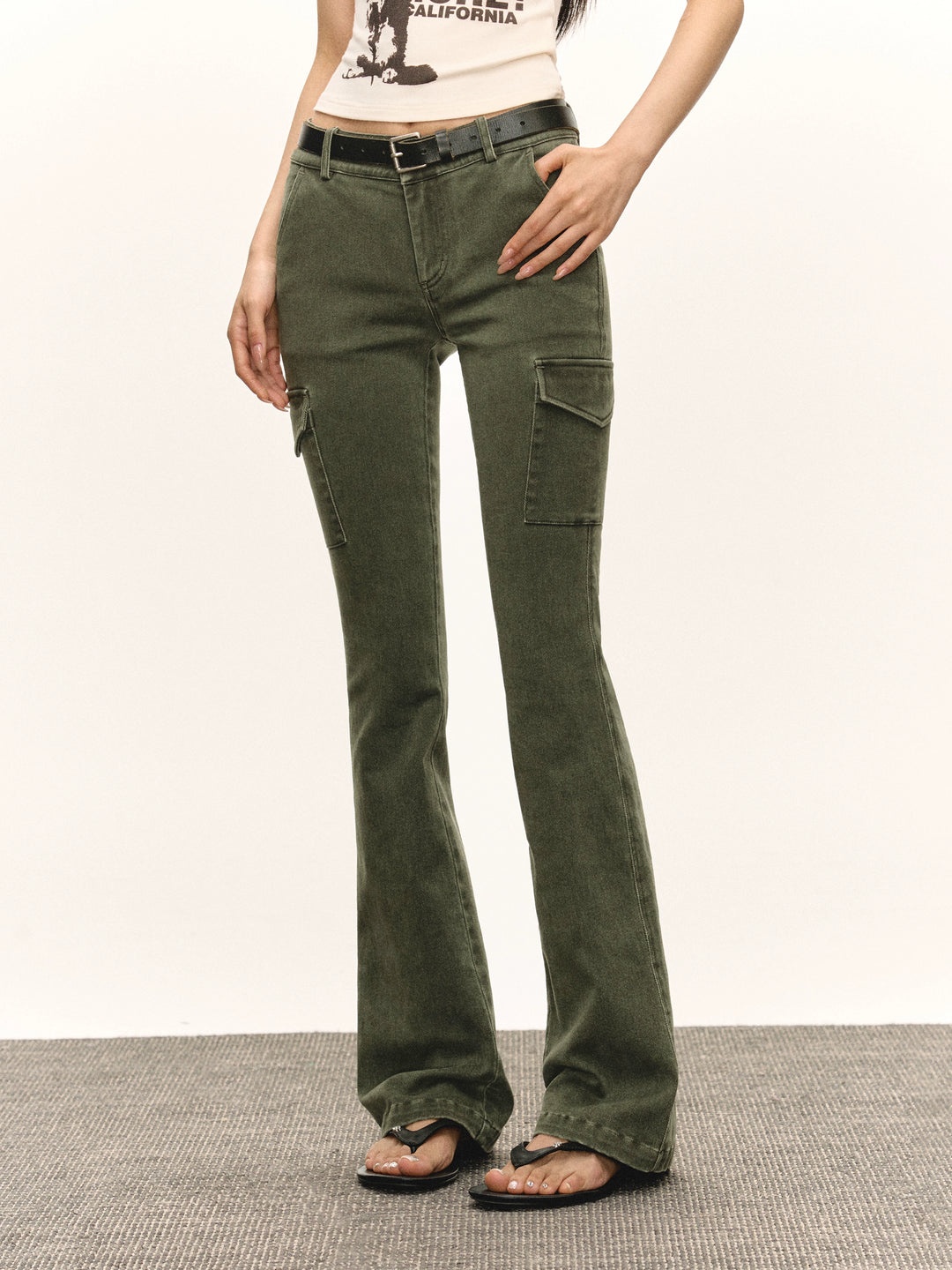 Retro Gewassen Slim Flare Cargo Broek 