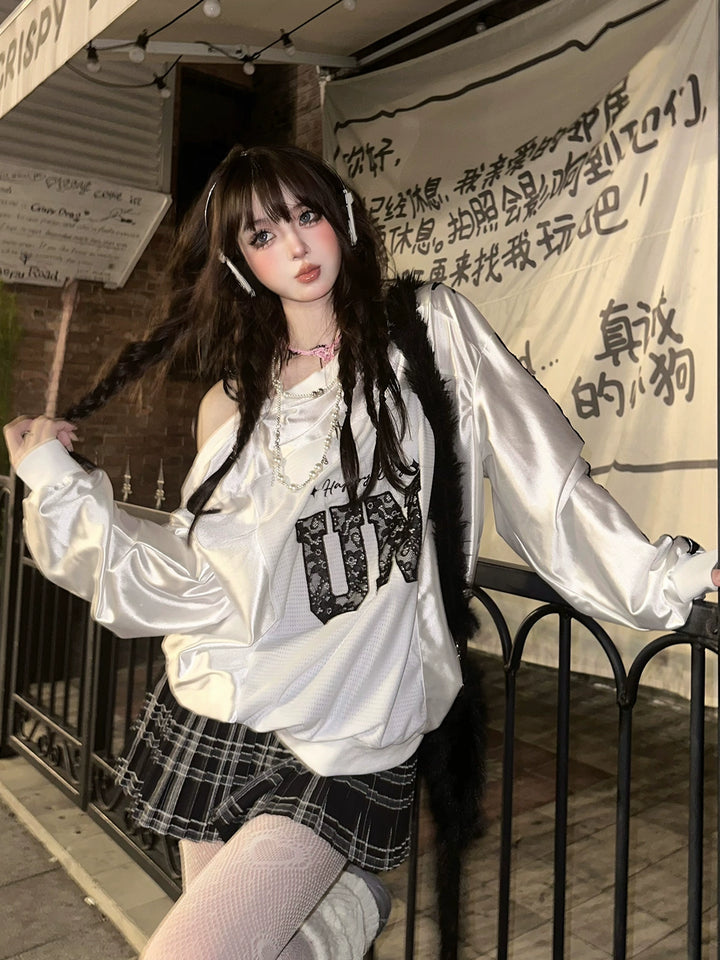 Camisa de Baseball com Ombro Obliquo de Renda 