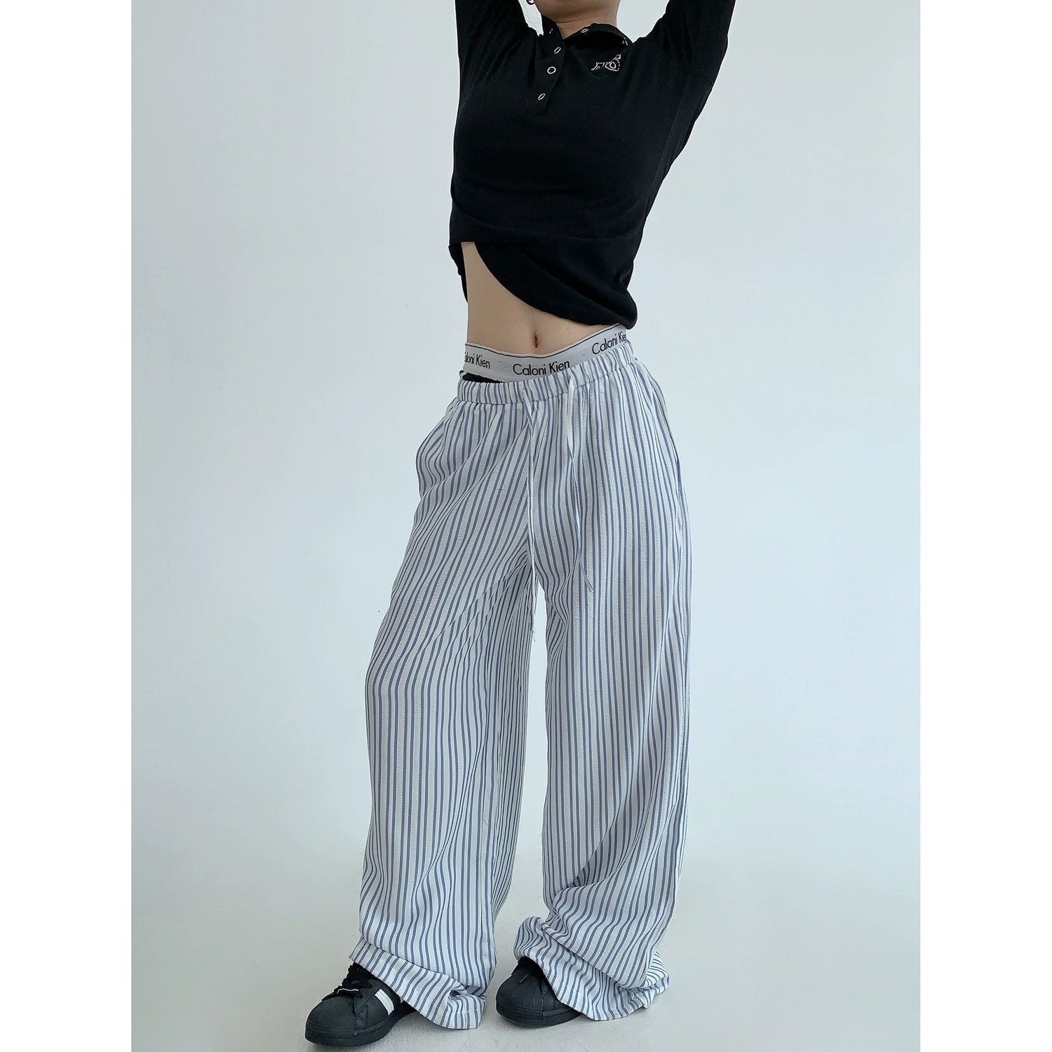 Vertical Striped Wide Leg Casual Pants