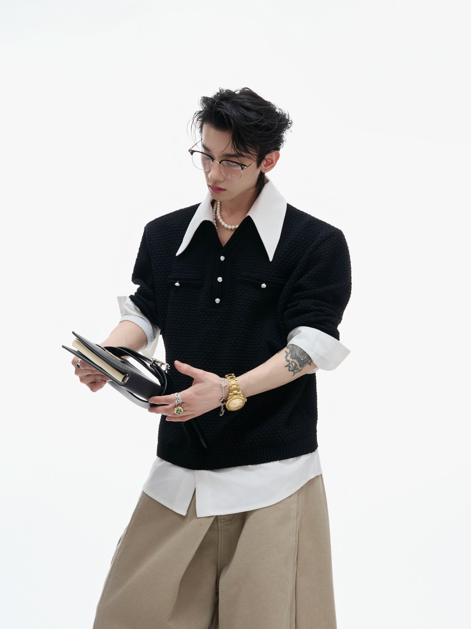 Contrast Stitching Knitted Polo Shirt